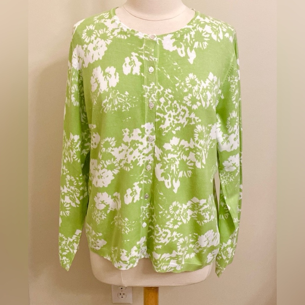 Foxcroft Lime Green White Floral SZ XL Coastal Grandma Cottagecore Boho Cardigan